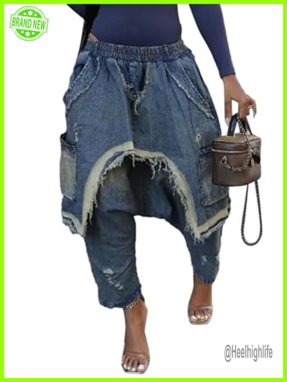 Wide Leg Baggy Cargo Harem Jeans Patchwork Elastic Waist Jogger Pants
